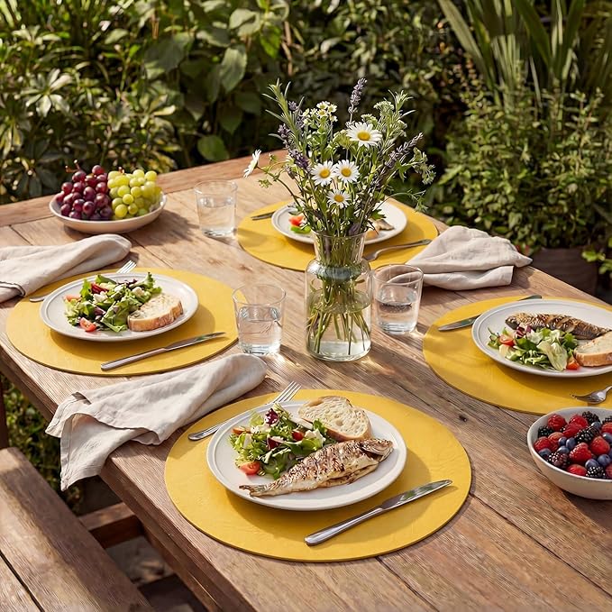 Artoid Mode Yellow Faux Leather Placemats Set of 6, 15 Inch Waterproof Wipeable Heat Resistant Place Mats, Reversible Table Mats for Summer Kitchen Dining Decor