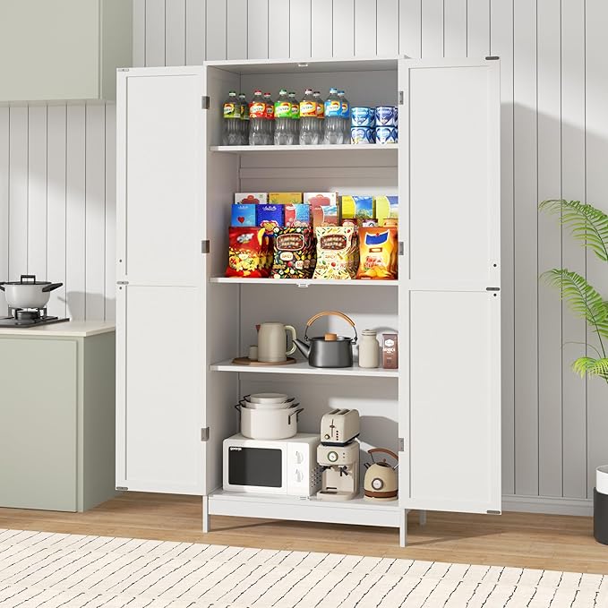INTERGREAT Pantry Cabinets, Kitchen Storage Cabinets with 2 Door and Adjustable Shelves, White Kitchen Pantry Cabinet, Freestanding Cupboard for Dining Room, Living Room, Bathroom