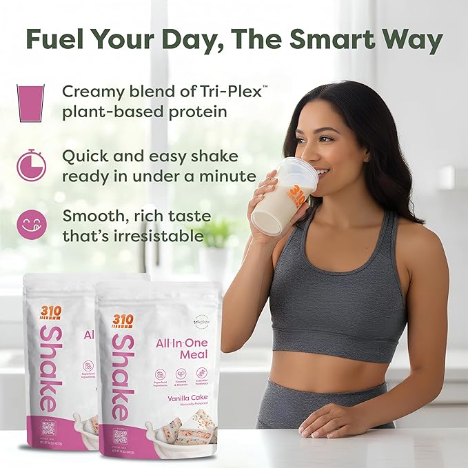 310 Nutrition All-In-One Meal Replacement Shake Powder - Plant-Based Protein Smoothie Blend w/High Fiber, Probiotics & Adaptogens - Low Carb, Vegan, Keto & Paleo Friendly - Vanilla Cake - 28 Srv