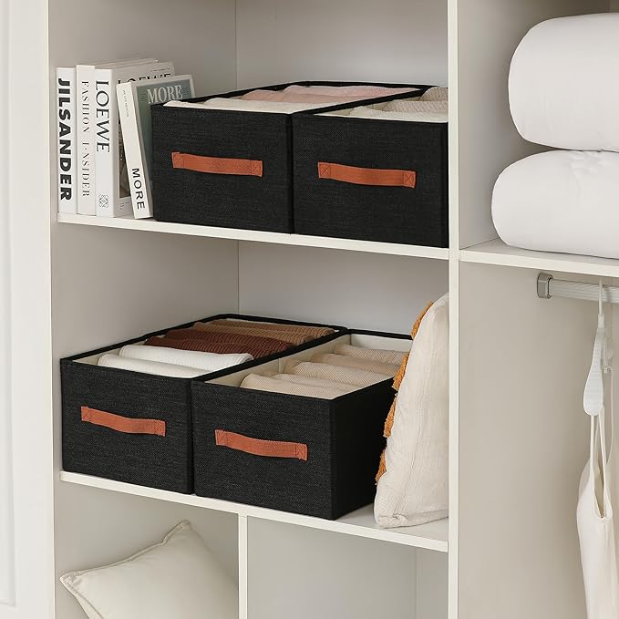 linen closet organizers and storage, 3 Pack Large Storage Baskets, Washable, Clothing Storage Bins with Handle, Closet Organizer for Storage Sweater,Sheets (Black, 18쩍"x11"x8쩍")