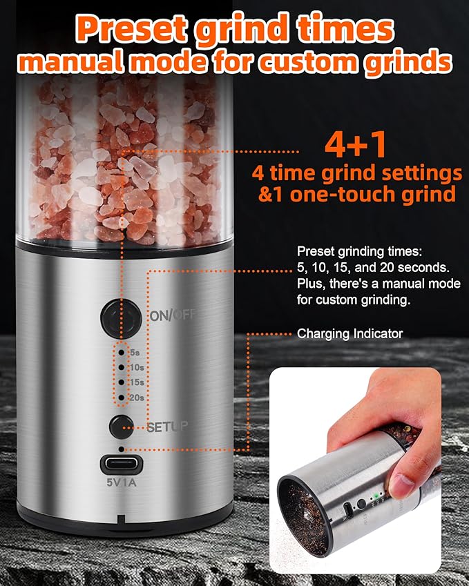 Electric Salt and Pepper Grinder Set, 1-Pack 240ML Capacity, USB-C Rechargeable 4-Timing Settings, Automatic Salt and Pepper Shakers, One-Handed Operation, Birthday Gifts for Women Mom