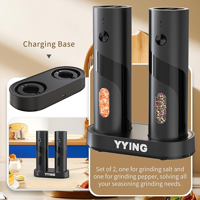 Electric Salt and Pepper Grinder Set, Automatic Pepper Mill Grinder with Charging Base & LED Light, Adjustable Coarseness, Large Capacity, One-handed Operation, for Kitchen, Restaurant, Outdoor