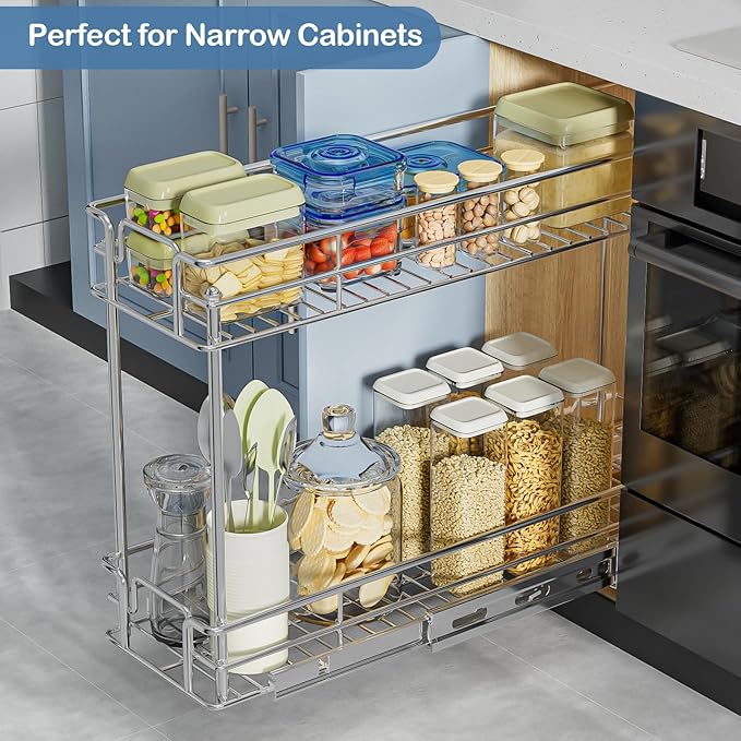 ROOMTEC Pull Out Spice Rack for Narrow Cabinet (5쩍" W X 21" D),2 Tier Slide Out Cabinet Organizer and Pull Out Shelves Under Cabinet Storage for Kitchen, Chrome