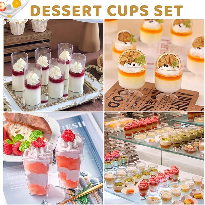 ALEXPRE 240 Packs 2/3 oz Mini Dessert Cups with Spoons, Square/Round/Round Goblet Clear Dessert Parfait Cups, Mini Plastic Dessert Cups Small Reusable Fruit Ice Cream Pudding Appetizer Cup Bowls