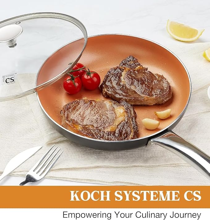 KOCH SYSTEME CS Little Skillet with Lid - 8" Copper Nonstick Frying Pan for Oven & Stove, Small Skillet with Ceramic Coating, Aluminum Nonstick Pan, 100% PFOA Free, All Stove Tops Compatible