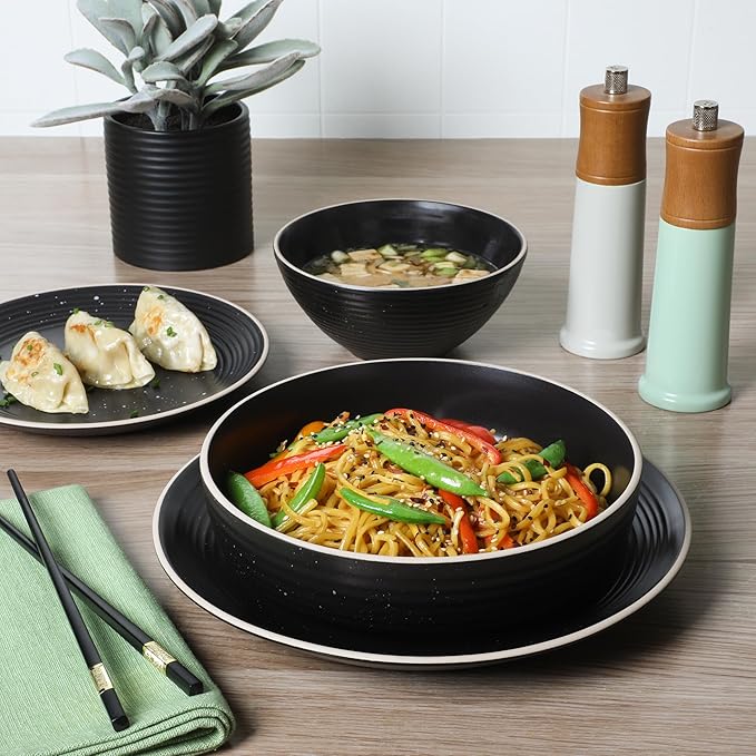 Gibson Home Dinah 16-Piece Matte Black Stoneware Dinnerware Set ??Double Bowl, Embossed Speckled Design, Durable Kitchen Dinner Set