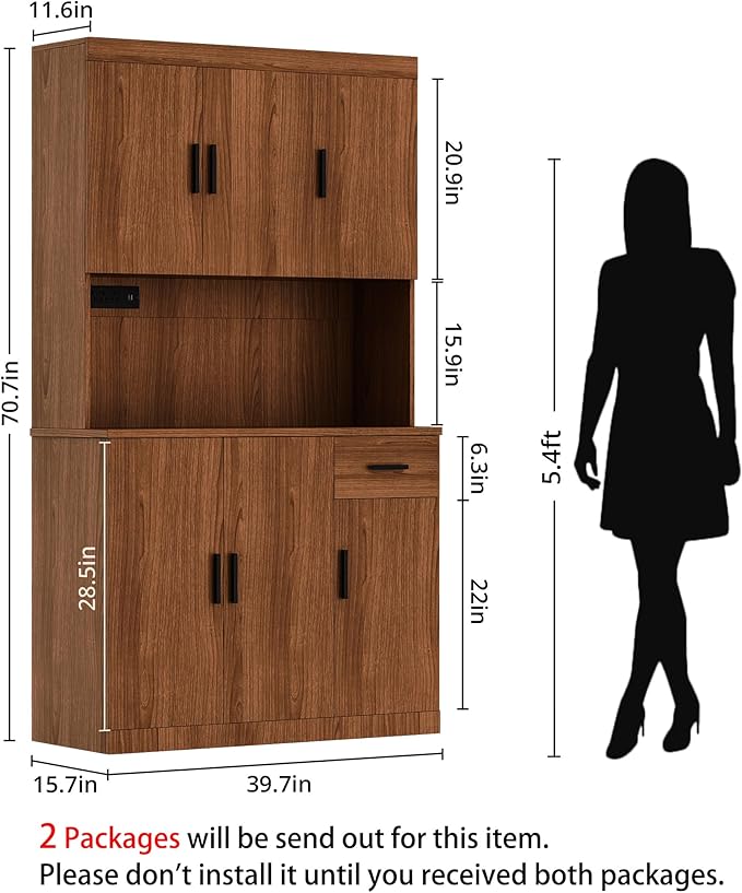71 Inch Rustic Brown Pantry Cabinet with Power Outlet, Heavy-Duty Freestanding Kitchen Storage Organizer with Reinforced Frame, Pantry Hutch for Kitchen, Dining Room, Living Room