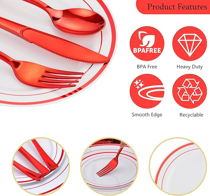 300PCS Red Dinnerware Set for 50 Guests, White and Red Plastic Disposable Plates for Party-50 Dinner Platos,50 Dessert Plates, 150 Silverware Set- Fancy Heavy Duty Party Plate