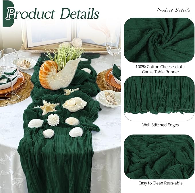 RealBox 3 Pack Emerald Green Cheesecloth Table Runner 17x108 Inch Semi Sheer Boho Gauze Cheese Cloth Fabric Table Runners Table Decor for Wedding Party Baby Shower Birthday Home Decor Garden Farmhouse