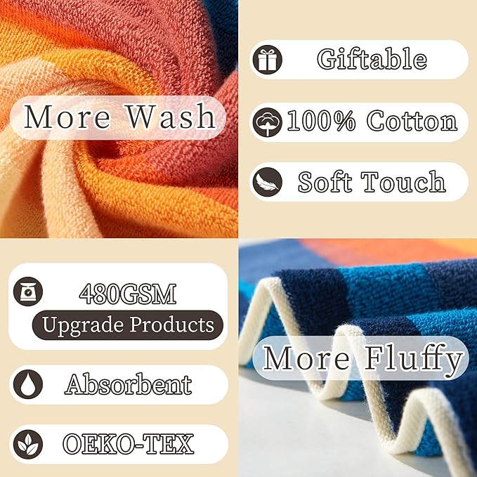 VOOVA & MOVAS Colorful Towels for Bathroom Cotton | 480GSM | Soft | Absorbent, 8PCS Patterned Towels Set, 2 Bath 28"x52", 2 Hand 16"x27", 4 Washcloths 13"x13", Decorative Towels Set, Red/Orange
