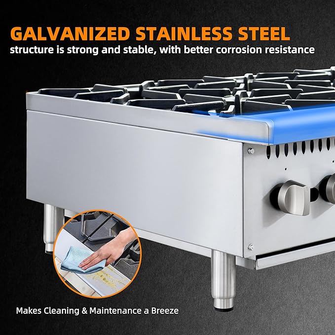 4 Burner Commercial Hot Plate, 24" Countertop Gas Stove Stainless Steel Natural Gas Range with Propane Conversion Kit Cooking Equipment for Restaurant Kitchen-100000 BTU
