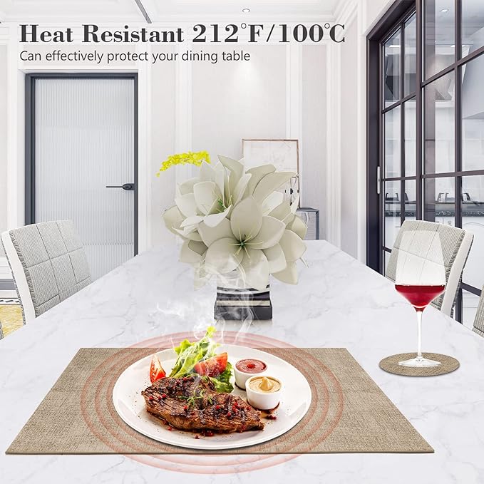 JUCCWARM Faux Leather Placemats Set of 6,Heat Resistant Placemats for Dining Table, Easy Clean Non-Slip Place Mats, Waterproof Stain Resistant Wipeable Washable PU Table Mats, (Light Brown)