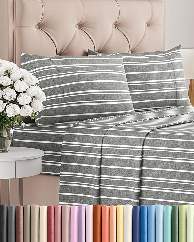 Twin XL 4 Piece Sheet Set - Cooling and Breathable Bed Sheets - Hotel Luxury Bed Sheets for Women, Men, Kids and Teens - Deep Pockets - Easy Fit - Soft and Wrinkle Free - Twin XL Grey Stripes Sheets