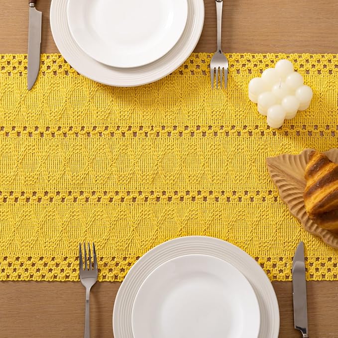 Socomi Boho Table Runner Macrame Valentine's Day Farmhouse Woven Cotton Linen Rustic Coffee Table Runner with Tassels for Dresser Scarf Home Decor Dining Room 12x90 in Yellow Gold