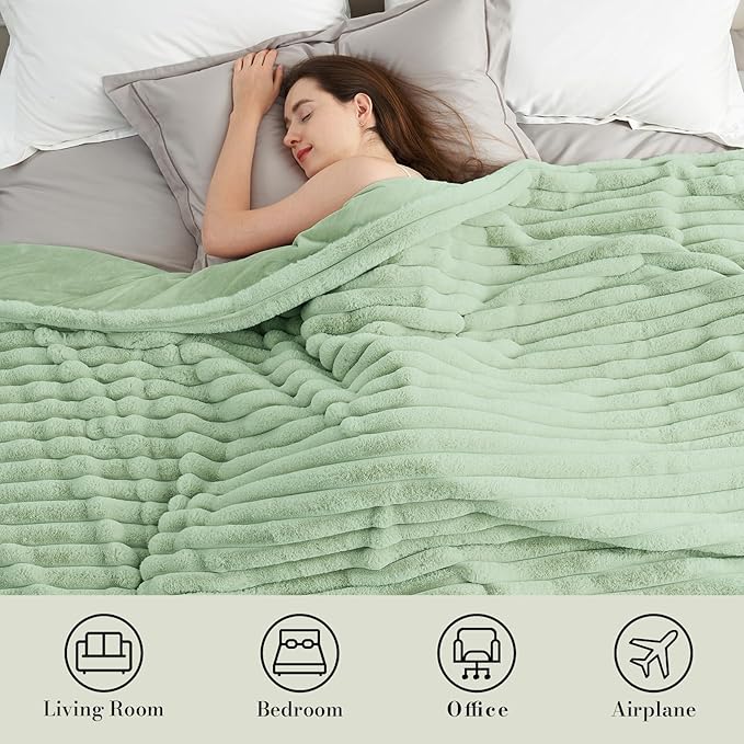 Am챕lie Home Faux Fur Throw Blanket for Couch, Cozy Fuzzy Fluffy Fur Luxurious Soft Striped Plush Gift Blankets for Family Sofa Chair Bedroom, 55"x70", Sage Green