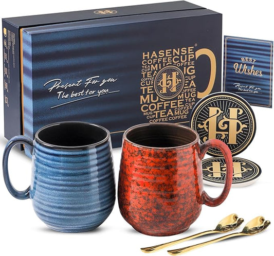 HASENSE Ceramic Coffee Mug Set of 2, 20 Oz Tea Cups for Women and Men, Handmade Large Latte Mugs with Handle, Gift Box with Coaster & Gold Spoon, Perfect for Christmas Thanksgiving, Blue & Red