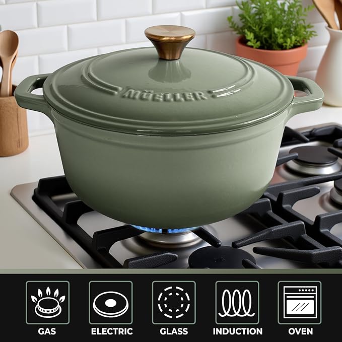 MUELLER HOME 6 Quart Enameled Cast Iron Dutch Oven For Sourdough Bread Baking, Heavy-Duty, Oven-Safe up to 500째 F & Across All Cooktops, Casserole Dishes, Green Kitchen Accessories, Thyme Green