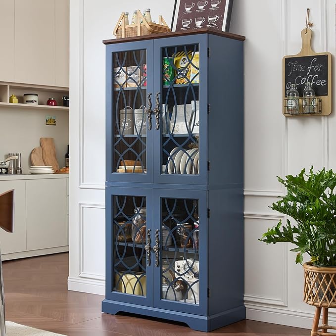 67" Tall Pantry Cabinet Set of 2, Vintage Kitchen Pantries Cabinets with Glass Doors & Adjustable Shelves, Wood Cupboard with Large Storage for Dingning Room, Bathroom, Navy Blue
