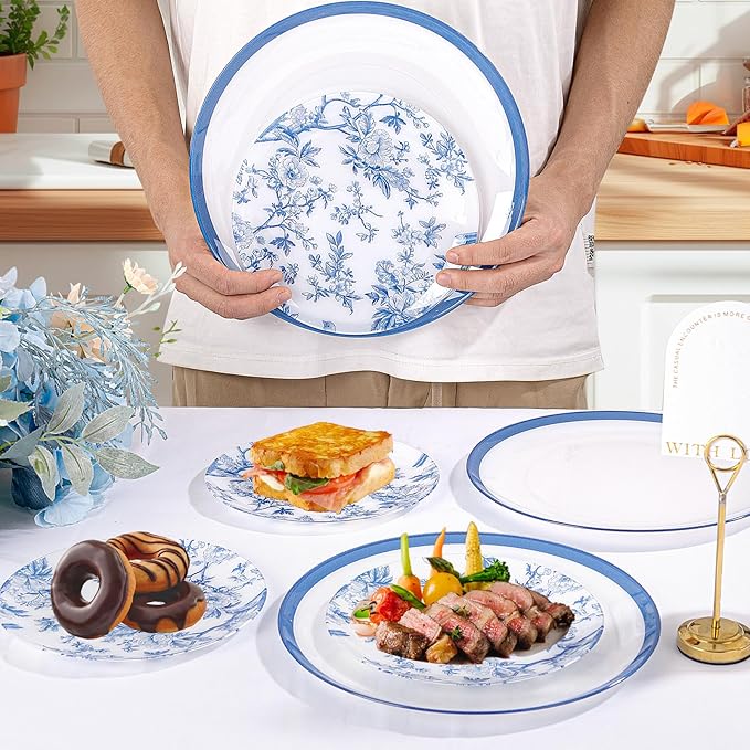 EI 60pcs Blue and White Floral Plastic Plates Fancy Blue Floral Disposable Heavy Duty,10.25inch Dinner Plate and 7.5inch Dessert Plate,Disposable Nice Plastic Plates for Party,Wedding(Value,Elegant )