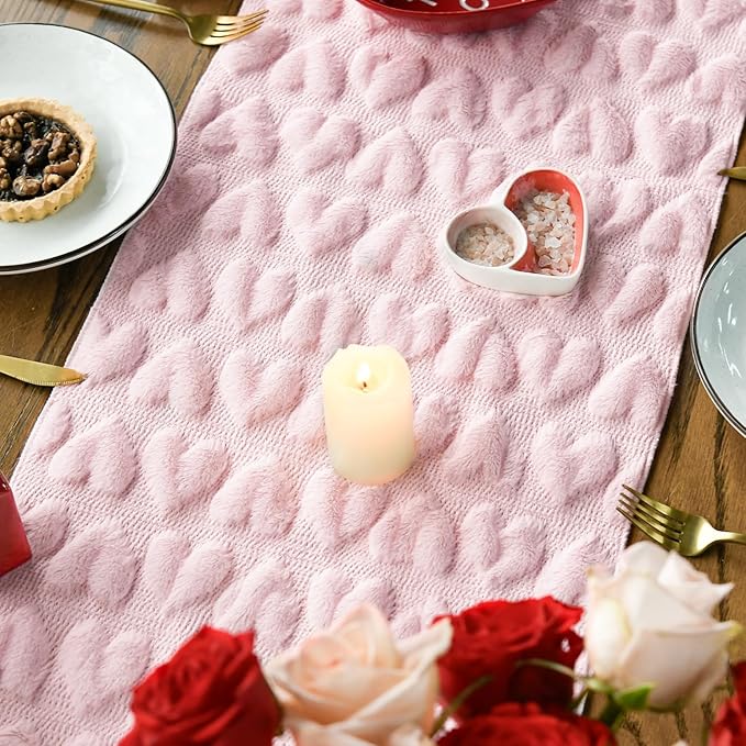 Artoid Mode Pink Soft Plush Faux Fur Jacquard Heart Valentine's Day Table Runner, Seasonal Kitchen Dining Table Decoration for Home Party Decor 13x36 Inch