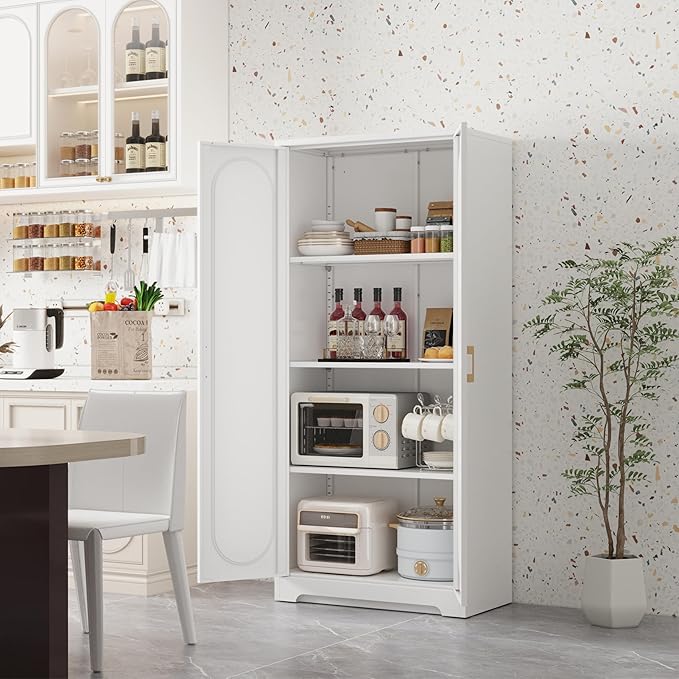 Metal Storage Cabinet with 3 Adjustable Shelves, 60" Tall Kitchen Storage Cabinet with Gold Handles, White Pantry Cabinets for Kitchen, Living Room, Hallway - Assembly Required
