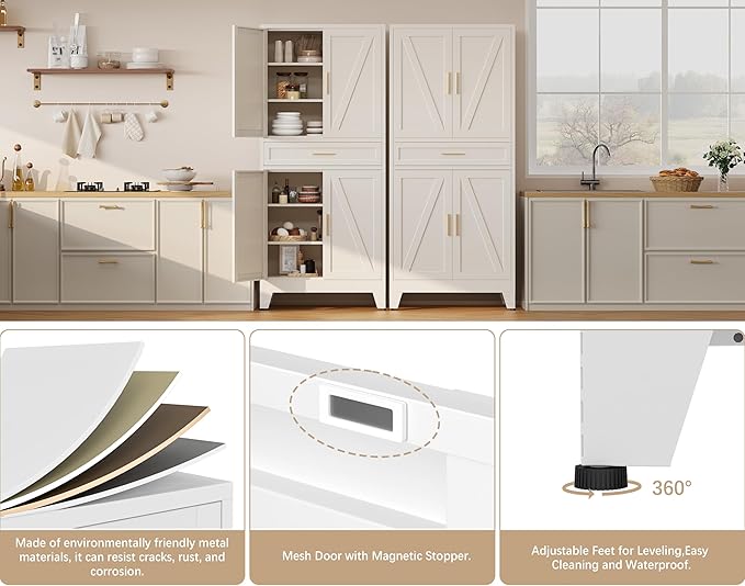 71?쏦 Metal Kitchen Pantry Cabinet with Drawers,White Kitchen Pantry Cabinets,Tall Food Storage Cabinets,Free Standing Pantry Cabinet with 4 Doors,Farmhouse Pantry Cabinets