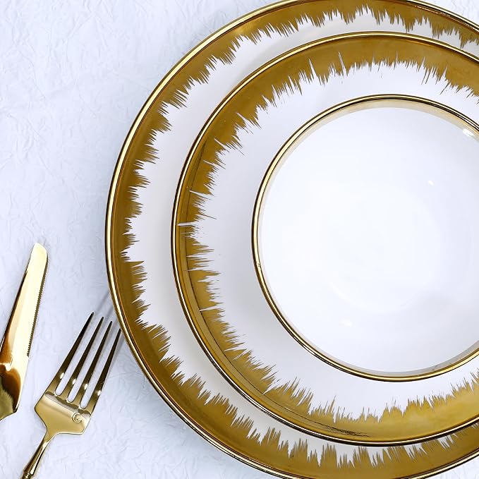 Luxury 12 Piece Porcelain Dinnerware Sets Service for 4, Modern Stoneware Plates and Bowls Sets,Ceramic Dish Set, Highly Chip and Crack Resistant Modern Plate Set, White and Gold