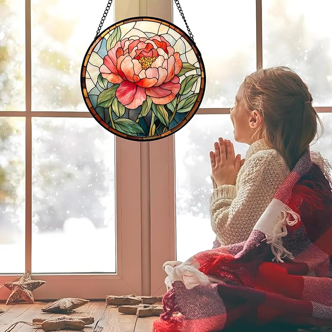 Stained Glass Window Hanging - Pink Peony Floral Suncatcher for Door Garden Yard Birth Flower Sun Catchers Decor Christmas Mother's Day Birthday Gifts for Women Mom Nana Wife Teacher 7.8 in