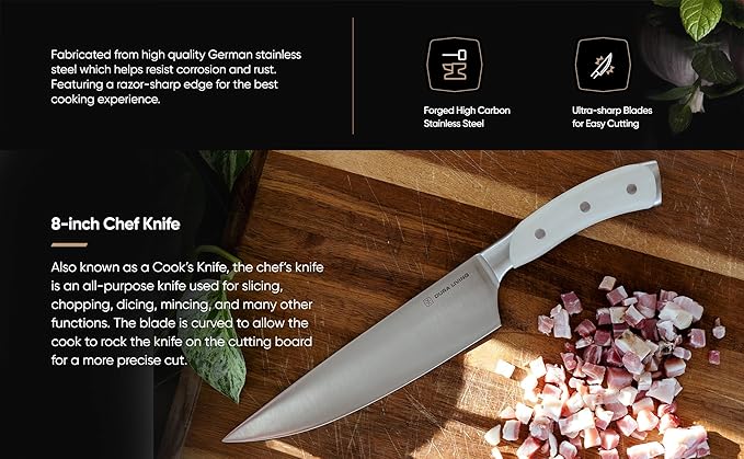 DURA LIVING 3-Piece Kitchen Knife Set ??Ultra-Sharp German Stainless Steel, 8??Chef, 5??Utility, and 3.5??Paring Knives with Ergonomic Handles, Multipurpose Kitchen Knife Set, Clear