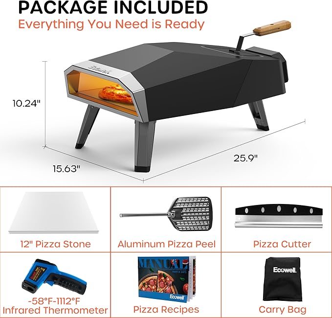Outdoor Wood Pellet Pizza Oven ??12" Woodfire Pizza Stone Oven, Wood Fired Pizza Maker, Portable for Backyard Party, with Pizza Stone, Pizza Peel, Pizza Cutter, Infrared Thermometer