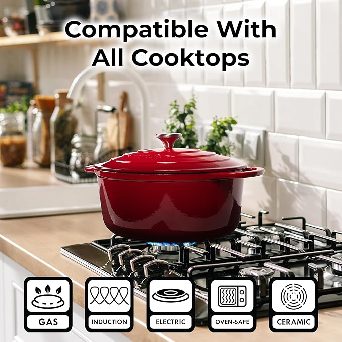 Zulay Kitchen 5 Quart Enameled Cast Iron Dutch Oven Pot with Lid ??Premium Durability & Oven Safe up to 500째F ??Heavy Duty Cookware Perfect for Bread Baking, Stews, Braising & Roasting ??Red