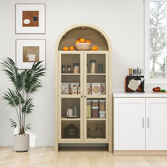 Zateety 70.28" Tall Arched Kitchen Pantry, Modern Farmhouse Wood Kitchen Storage Cabinets, Arched Storage Display Cabinet with Adjustable Shelves, Versatile Cupboard for Kitchen Dining/Living Room