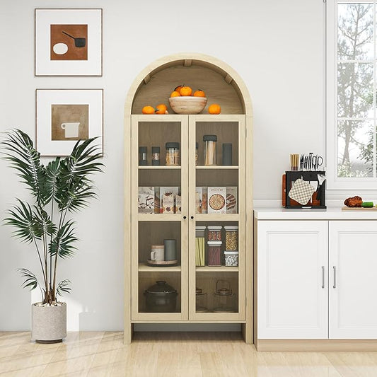 Zateety 70.28" Tall Arched Kitchen Pantry, Modern Farmhouse Wood Kitchen Storage Cabinets, Arched Storage Display Cabinet with Adjustable Shelves, Versatile Cupboard for Kitchen Dining/Living Room