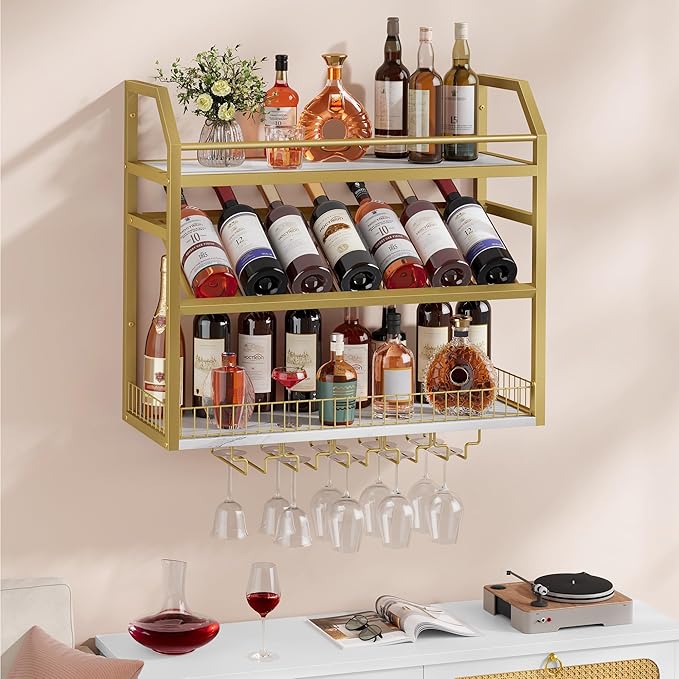 Hoctieon Wall Mount Wine Rack, Wall Mounted Wine Bottle Rack for Display and Storage, Hanging Bottle Holder, for Living Room, Dining Room, Bar, Wine Cellar, Gold&White