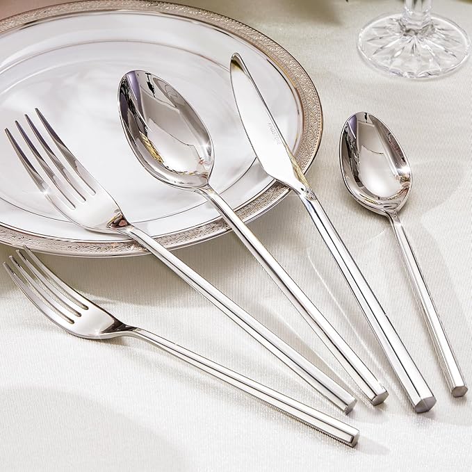 KINGSTONE 60-Piece Silverware Set, 18/10 Stainless Steel Flatware Cutlery Set with Hexagon Handle, for Hotel, Home, Party, Wedding Gift, Mirror Polish and Dishwasher Safe