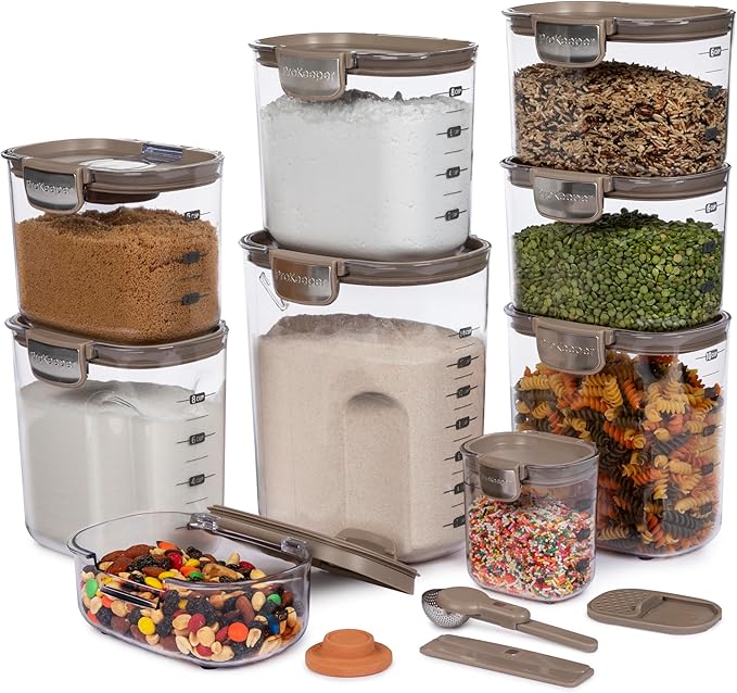 ProKeeper+ Airtight Food Storage Container Set ??Clear Plastic Flour and Sugar Canister Set with Magnetic Accessories for Kitchen Organization (Taupe, 13-Piece)