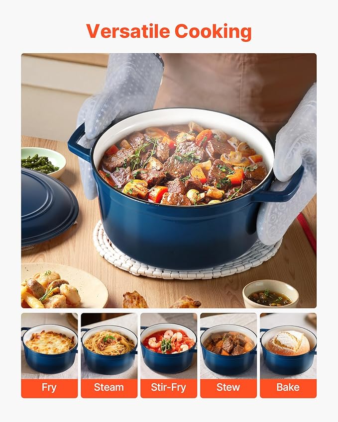 VEVOR Enameled Cast Iron Dutch Oven, 6 Quart Pot with Lid and Dual Handles, Heavy-Duty Durable Cookware Pan, Oven Induction Compatible up to 500?? for Braising, Stews, Roasting, Bread Baking, Blue
