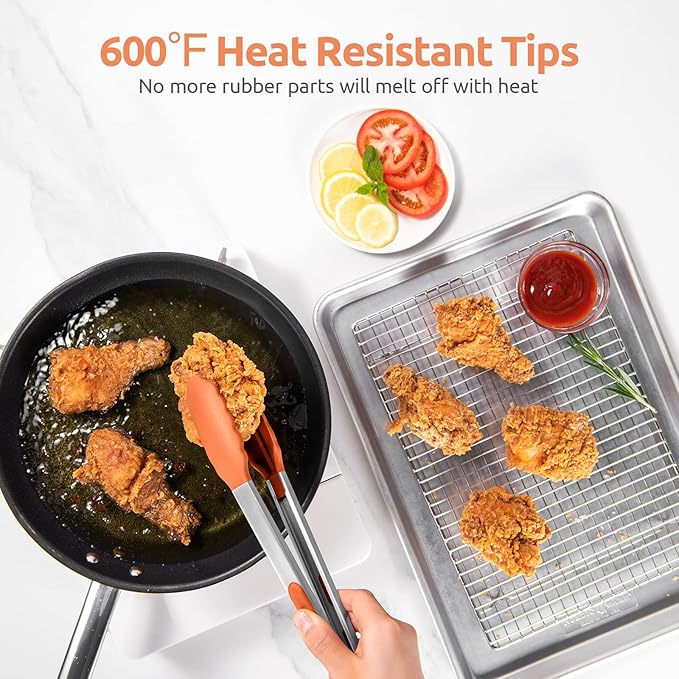 600쨘F Heat Resistant Kitchen Tongs: U-Taste 12 inch Large Silicone Cooking Tong with Sturdy Non Stick Rubber Tips & Silicon Coated 18/8 Stainless Steel Handle & Smooth Locking for Serving Grill-Orange
