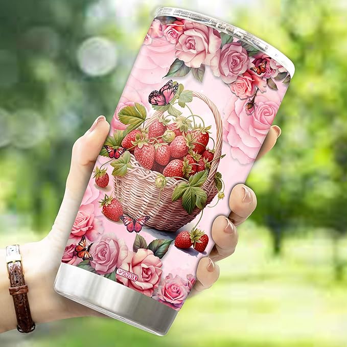 WONWIX Personalized Strawberry Gift for Women, 20oz Insulated Stainless Steel Coffee Mug Tumbler, Travel Cup, Gifts for Girls, Wife, Daughter, Christmas, Birthday, Mothers Day, Valentine