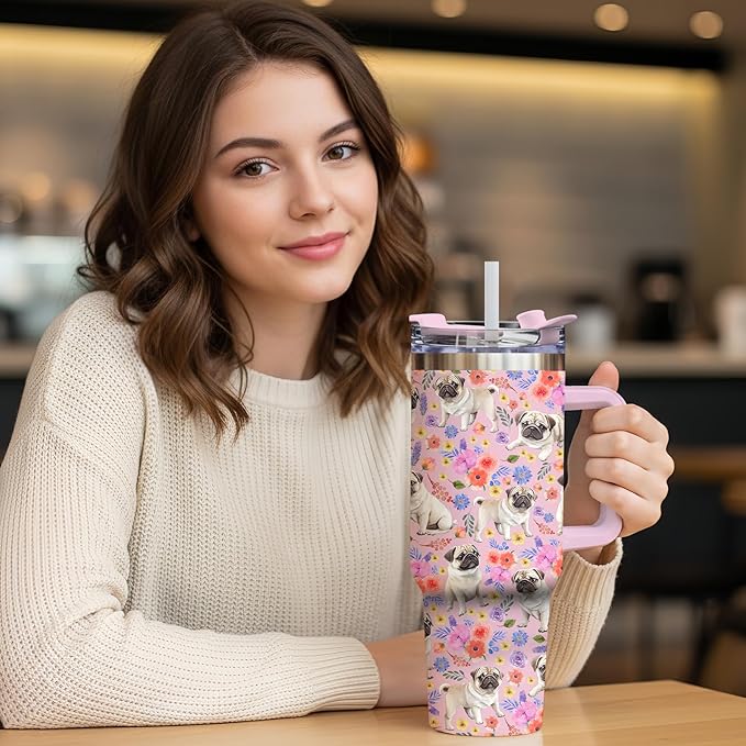 Yogusut Pug Gifts for Women, 40oz Stainless Steel Insulated Tumbler Travel Mug Cup with Handle Straw, Gifts for Dog Mom Dog Lover