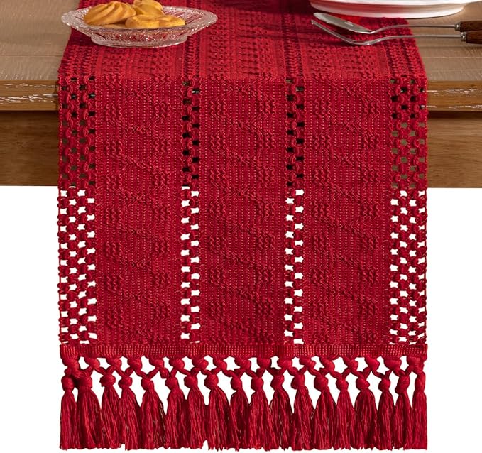 Socomi Boho Table Runner Valentine's Day Farmhouse Rustic Dining Kitchen Centerpiece Decor Small Macrame Woven Cotton Linen Coffee Table Runner for Dresser Scarf Home Decor 12x48 in Red