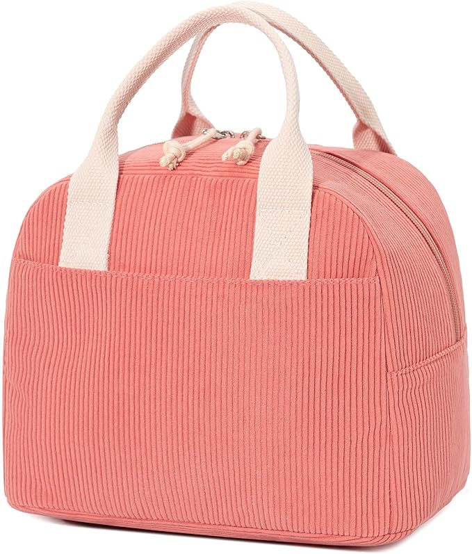 LOVELYWIND Insulated Lunch Bag for Women Men, Stylish Corduroy Tote Bag with Aluminum Lining, Large Capacity Reusable Cooler for Work, Travel, or Beach, Coral Pink Lunch Box