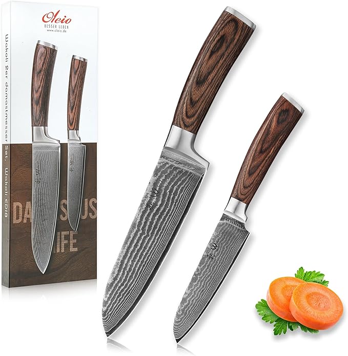 Wakoli EDIB 2-Piece Damascus Kitchen Knife Set ??Santoku & Small Santoku with VG10 Core made of 67-Layer Damascus Steel Blades ??Professional Chef Knives with Ergonomic Pakkawood Handles in Gift Box