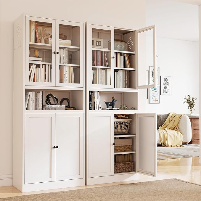 White Steel Kitchen Pantry Cabinet with Glass & Solid Doors, 72" H Storage Cabinet with Adjustable Shelves, Heavy Duty Freestanding Utility Cabinet for Dining/Living Room, Assembly Required