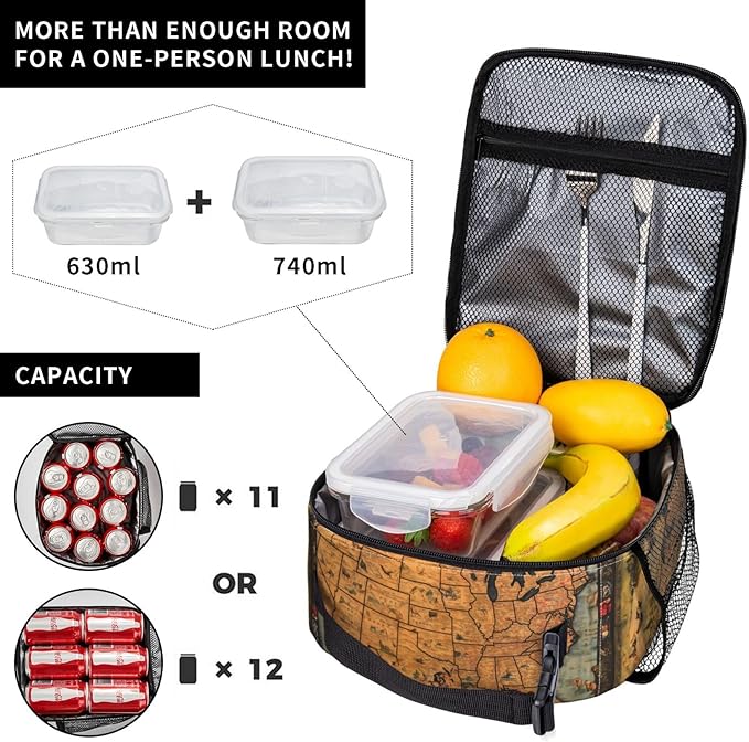 Insulated Lunch Box for Women Men, Vintage Map Theme Lunch Box Reusable Portable Lunch Bag Cooler Tote Waterproof Lunch Container for Office Picnic Work Travel