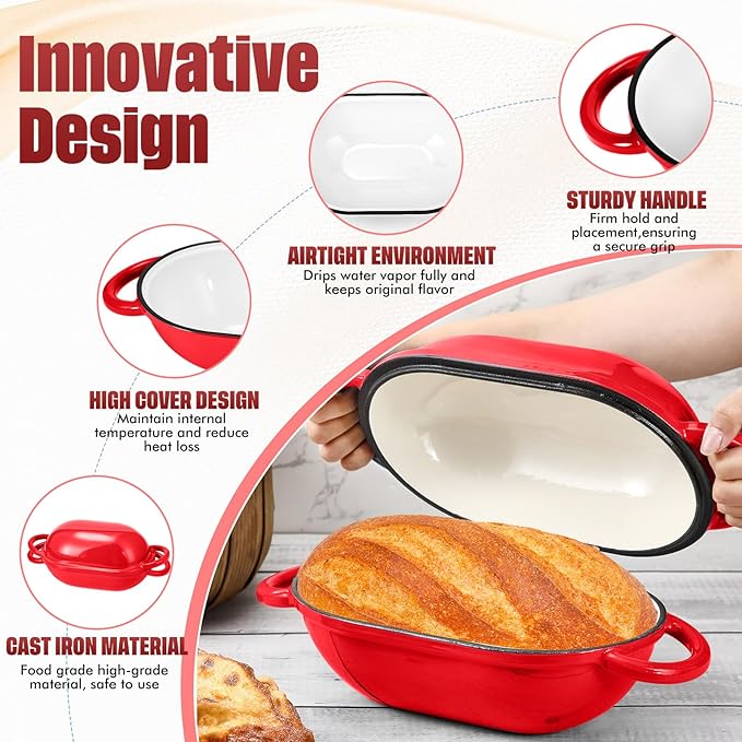 Maxdot 4qt Dutch Oven with Lid Enameled Cast Iron Sourdough Bread Pan for Christmas Baking Non Stick Single with Loop Handles for Christmas Family Homemade Breadbaking(Red)