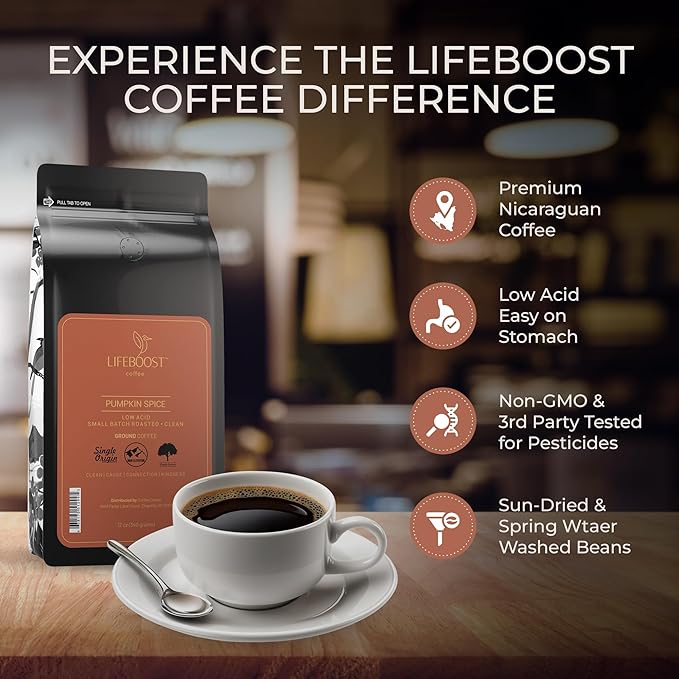 Lifeboost Pumpkin Spice Coffee Ground ??Organic, Low Acid, Non-GMO, Single Origin Medium Roast ??Mycotoxin-Free Cozy Flavored Fall Coffee, 12 oz