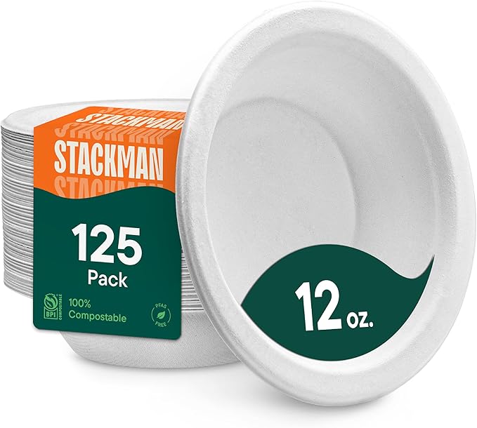 100% Compostable Disposable Paper Bowls [125-Pack] - {PFAS-Free} - {BPI Certified} - [12 oz] Heavy Duty, Eco-Friendly, Biodegradable Bagasse Hot Soup Bowls - Thick White 12oz Bowl Plates by Stack Man