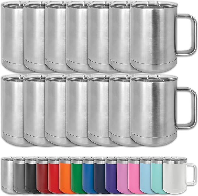 Clear Water Home Goods - (Bulk Pack of 12-15 oz Double Wall Coffee Mug with Lid and Handle, Double Insulated Stainless Steel Travel Tumbler Cup - Stainless Steel
