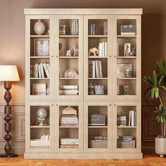 70.8" Bookshelf with Glass Doors, Farmhouse Modular Bookcase with 6-Tier Adjustable Shelves, Large Storage Cabinet for Living Room & Home Office, Set of 2, Brown